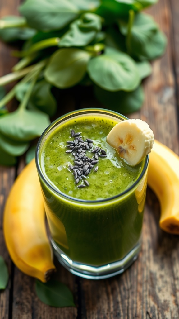 A refreshing spinach smoothie in a glass, decorated with banana slice and chia seeds, on a wooden table.